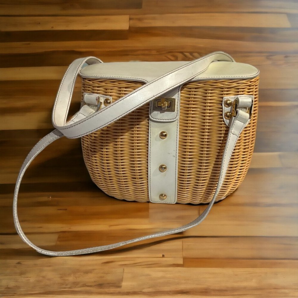 Vintage Etienne Aigner Light Wicker Purse-White Leather Accents and Straps